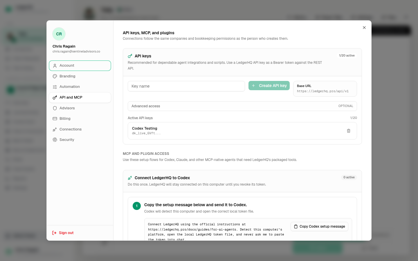 LedgerHQ settings for API keys, MCP, and agent connections