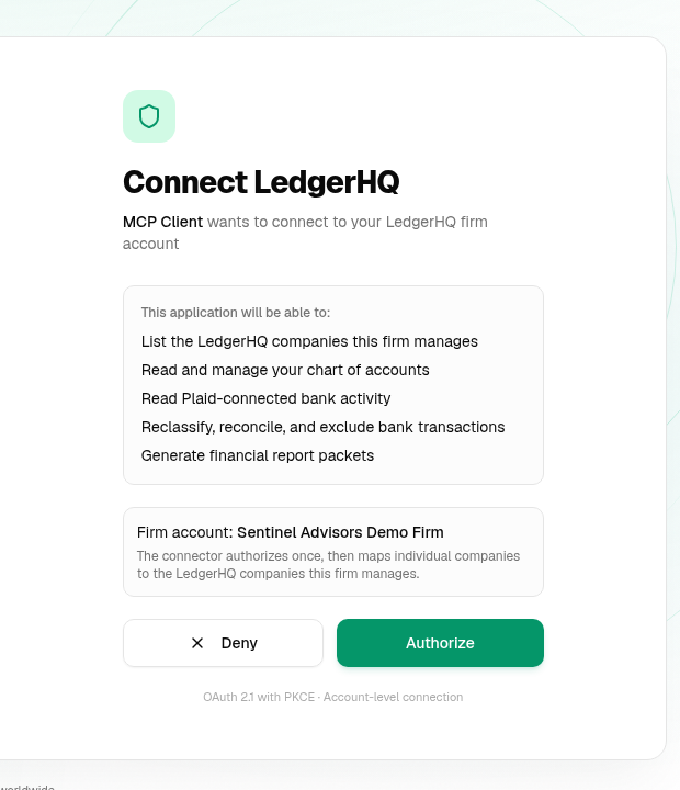 LedgerHQ authorization screen showing the exact access an agent requests